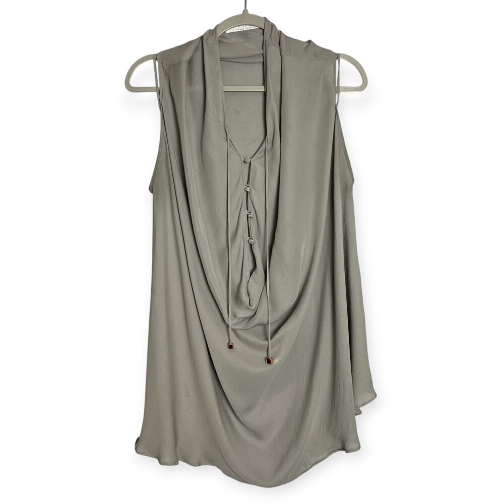 Hunter Bell Drapey Cowl Neck Button Blouse M Gray Sleeveless Drawstring